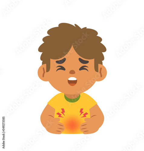 a black boy get a stomachache. illustration cartoon character vector design on white background. kid and health care concept.