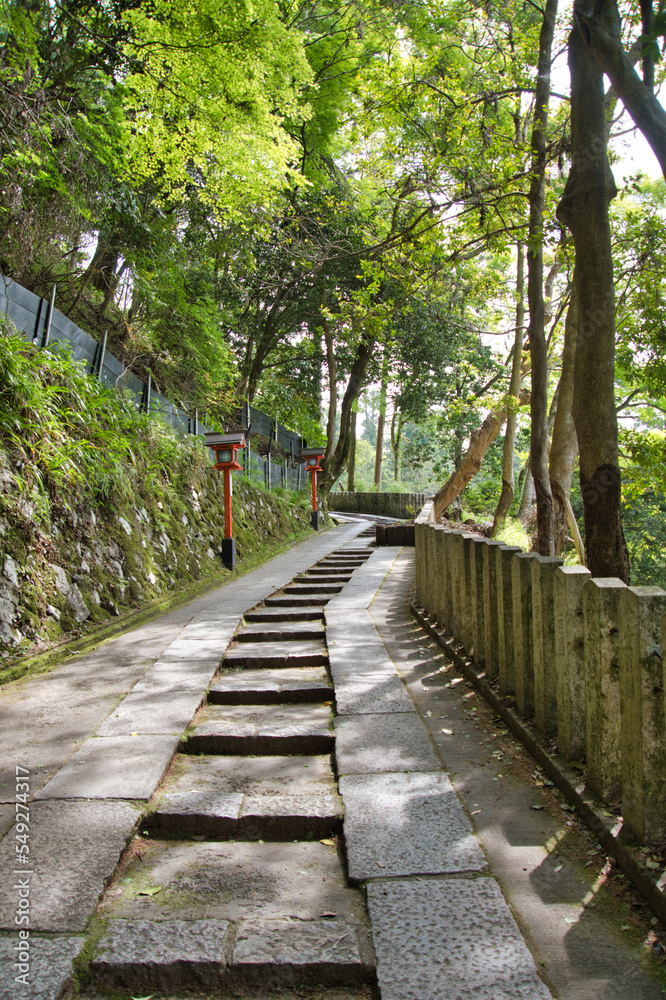 The stairway and lantern of Kurama-Dera temple.   Kyoto Japan
