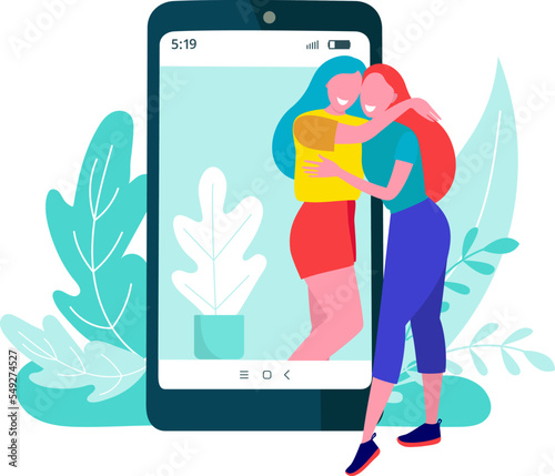 Girlfriend talk online mobile phone, friend dialogue together, internet smartphone communication flat vector illustration, isolated on white.
