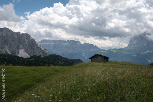 View of the Sella massif with a little cabin and mountain meadow in the foreground in south tyrol.
