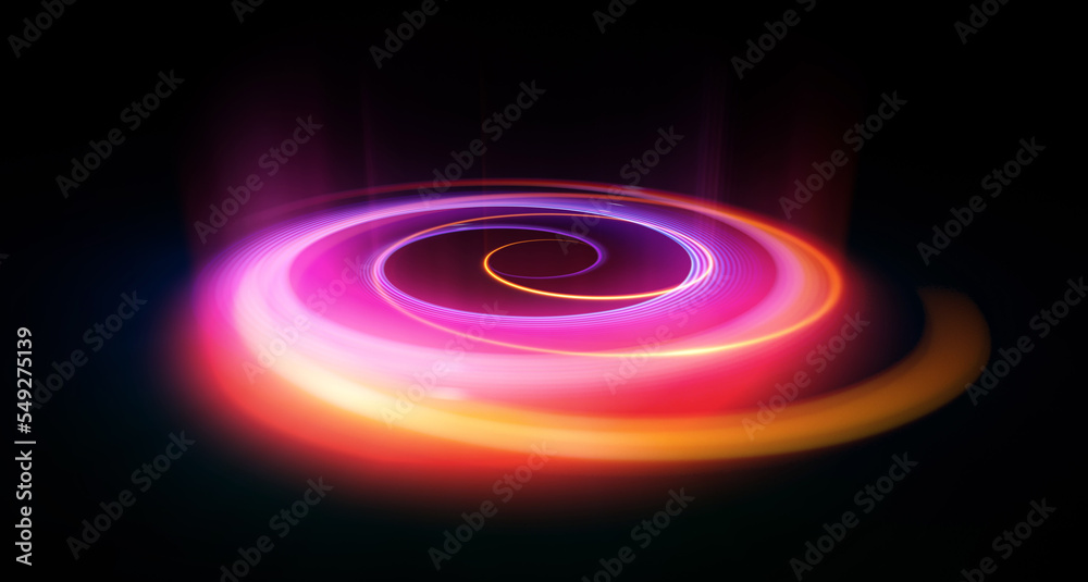 Glow swirl light effect. Circular lens flare. Abstract rotational lines. Power energy element. Luminous sci-fi. Shining neon lights. Magic arena. Swirl trail effect. Glint scene. Dynamic ellipse.