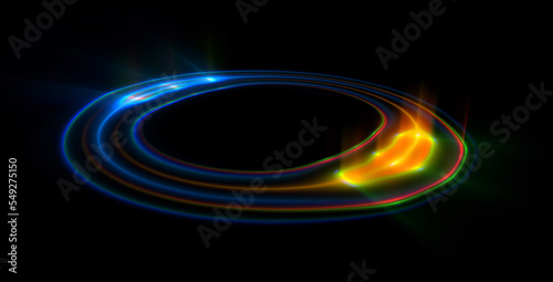 Glow swirl light effect. Circular lens flare. Abstract rotational lines. Power energy element. Luminous sci-fi. Shining neon lights. Magic arena. Swirl trail effect. Glint scene. Dynamic ellipse.