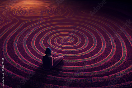 Creative digital abstract psychedelic labyrinth space. Maze and solution concept. 3D Rendering