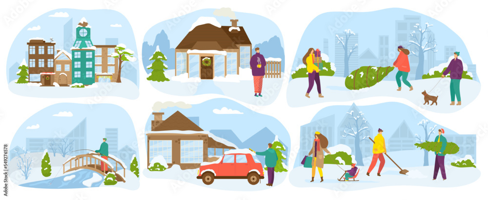 Obraz premium People lifestyle in winter set of vector illustrations. Family with kids happy in snow season, fun and activity, winter life in country house.