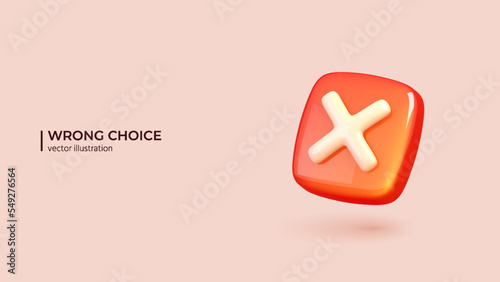 3d Vector Wrong Checkmark Box. Realistic 3d Design of Disapprove or Wrong Choice concept in Trendy colors. Vector illustration in cartoon minimal style.