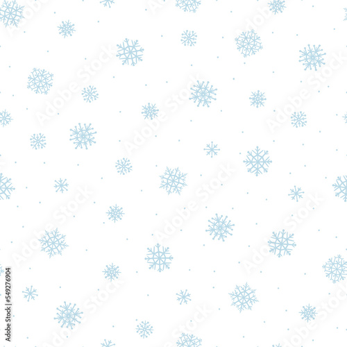 Winter abstract background. Cartoon flying snowflakes on a white background. Seamless vector pattern.