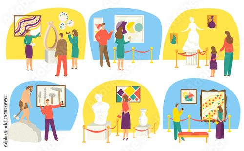 Museum exhibition, set vector illustration. Adult people, children charcater spend leisure time in historical, modern museum.