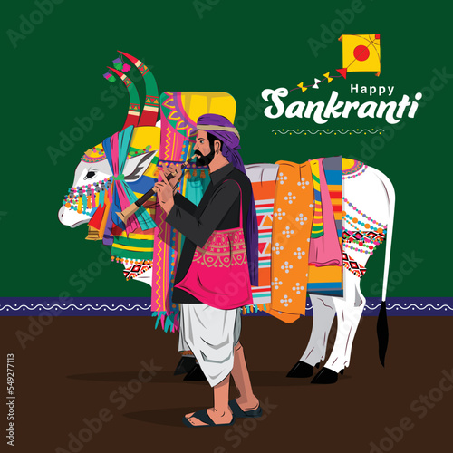 happy sankranti vector illustration. A Gangireddu, a decorated ox (also known as basava) with its master gangireddollu photo