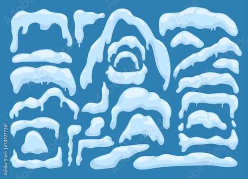 Snow caps flat elements collection, vector illustration. Snowy season, natura...