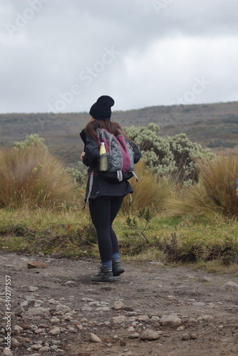 Female hiker with back pack on high mountain landscape