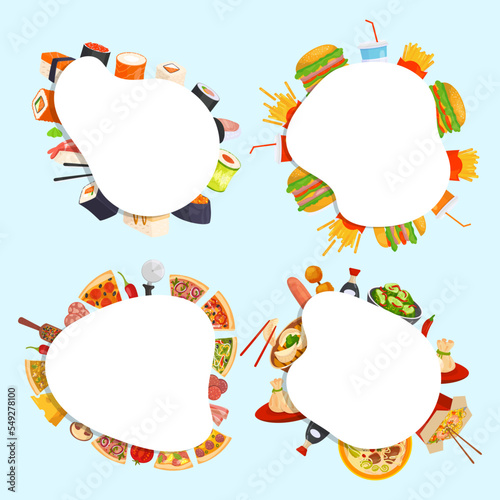 Set flat banner with food, place to insert design, vector illustration. Ingredients for composing menu cartoon collection. Popular fast food pizza