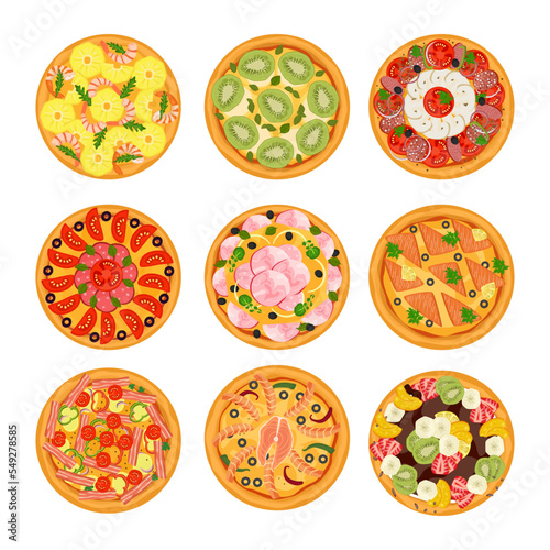 Delicious pizza collection with vegetables, sausage and mozzarella vector ill...