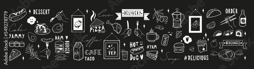 Big vector set of fastfood's drawings on blackboard. Handwriten words. 
