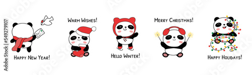 Christmas baby pandas vector illustration isolated on white background. Doodle panda bear characters with sparklers, garland, xmas sock, letter to Santa. Christmas phrases