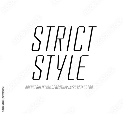 Condensed thin font, narrow alphabet, modern letters and numbers, vector illustration 10EPS
