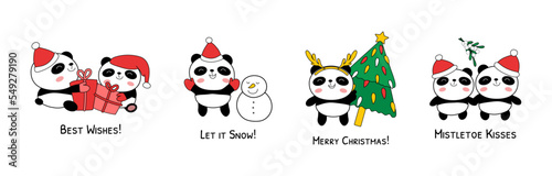 Christmas baby pandas vector illustration isolated on white background. Doodle panda bear characters with gift boxes, snowman, fir tree and mistletoe branch. Christmas phrases