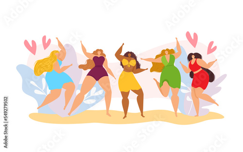 Happy body positive woman group, vector illustration. Girl person character show their beauty, isolated on white concept. Cartoon female fashion