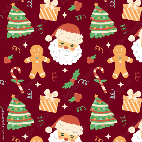 Christmas seamless patern with Santa, in cartoon style, in warm colors on a deeb burgundy background. photo