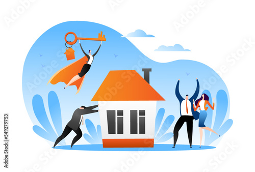 Buy house concept, vector illustration. Real estate for man woman couple character, rent and sale property building. Investment in apartment