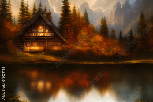Digital Illustration Chalet In The Mountains