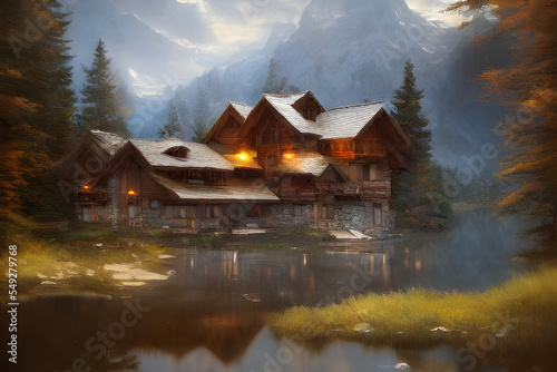 Digital Illustration Chalet In The Mountains