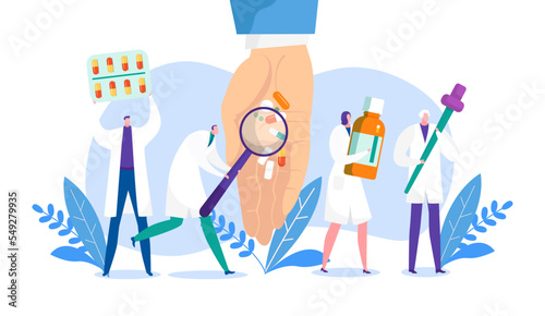 Medical drugs in hand, health care concept vector illustration. Different medicine choice from man woman doctor character. Pharmacy medication