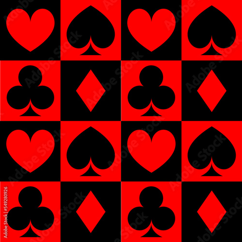 Seamless pattern with Playing card suits. Hearts, Spades, Diamonds, Clubs. Endless background.