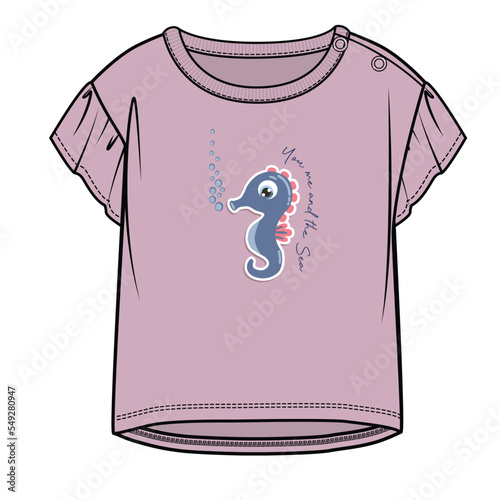 SEA HORSE GRAPHIC DROP SLEEVES KNIT TOP FOR TODDLER GIRL AND BABY GIRL SET IN EDITABLE VECTOR photo