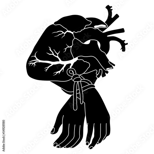 Human hands tied with rope to the heart. Creative concept. Bondage of love. Cordial problem. Disability. Black and white negative silhouette. 