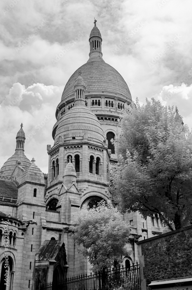 Black and white shot of the Basilica of Sacré Coeur de Montmartre in Paris, France.