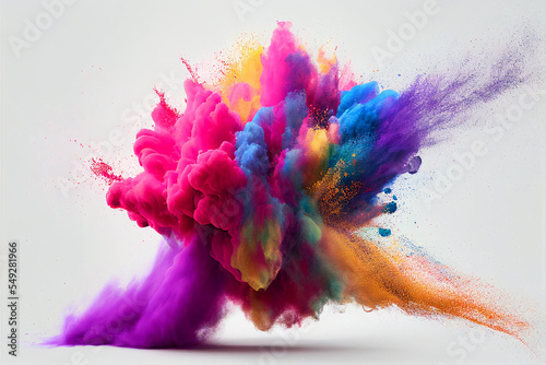 A colourful powder explosion of holi paint on a white background. 