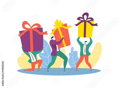 Gift box at male person group hand, surprise present for holiday, vector illustration. Man character make happy celebration.