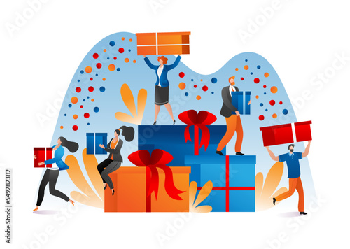 People at flat happy celebration with gift box, vector illustration. Man woma...