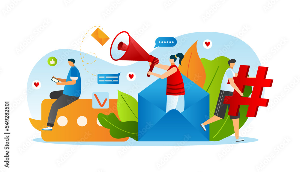 Naklejka premium Hashtag news from internet social media, business background vector illustration. Network community, man woman character at web mobile chat.