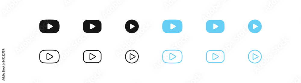 Play icon. Button sign. Video player symbol. Music start icons. Black and blue color. Vector sign. Play icon. Button sign. Video player symbol. Music start icons. Black and blue color. Vector sign.