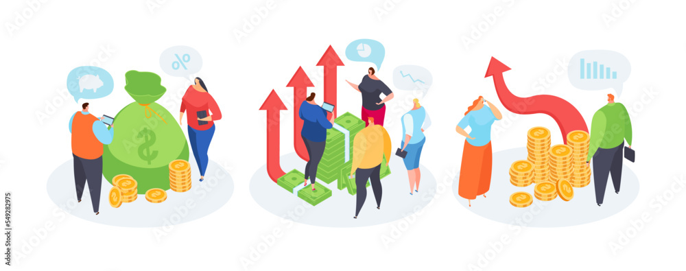 Money growth concept, vector illustration. Flat business finance success for man woman character, financial investment graphic set.