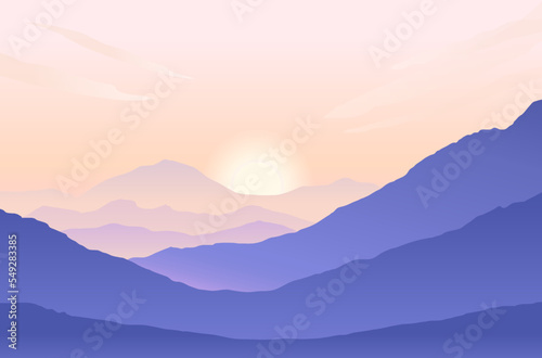 Minimal illustration of beautiful pastel purple mountain landscape with the sun when sunrise and sunset in bright pink sky nature. Fairy tale background