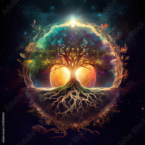 Digital Fantasy Art: The Tree of Life - A Spiritual Concept Bridging Nature, Religion, and God with Sunlit Roots Background