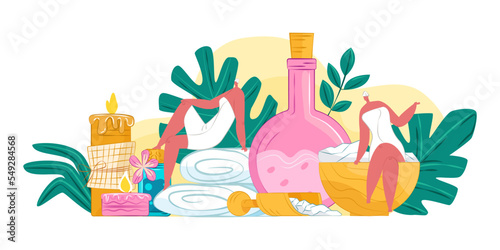Spa, vector illustration. Woman girl character care about beauty, young femal...