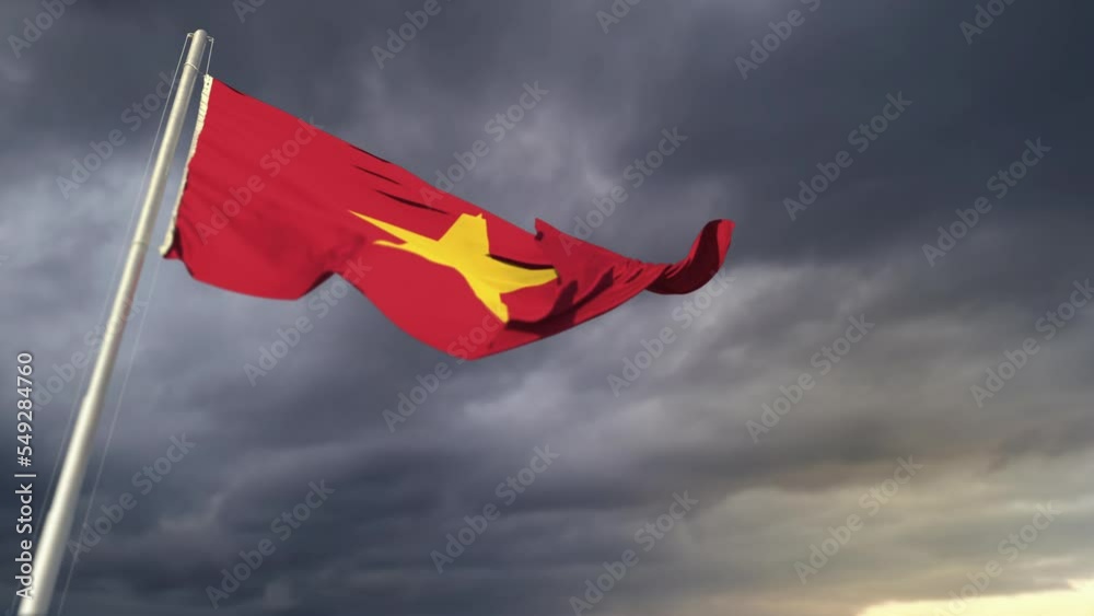 Vietnam flag waving on massive sundown clouds at hard times backdrop