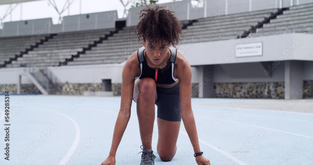 Black woman, track runner and running sport fitness exercise for racing competition training, cardio workout and healthy sports race. Girl athlete, cardiovascular track and field sprinter in stadium