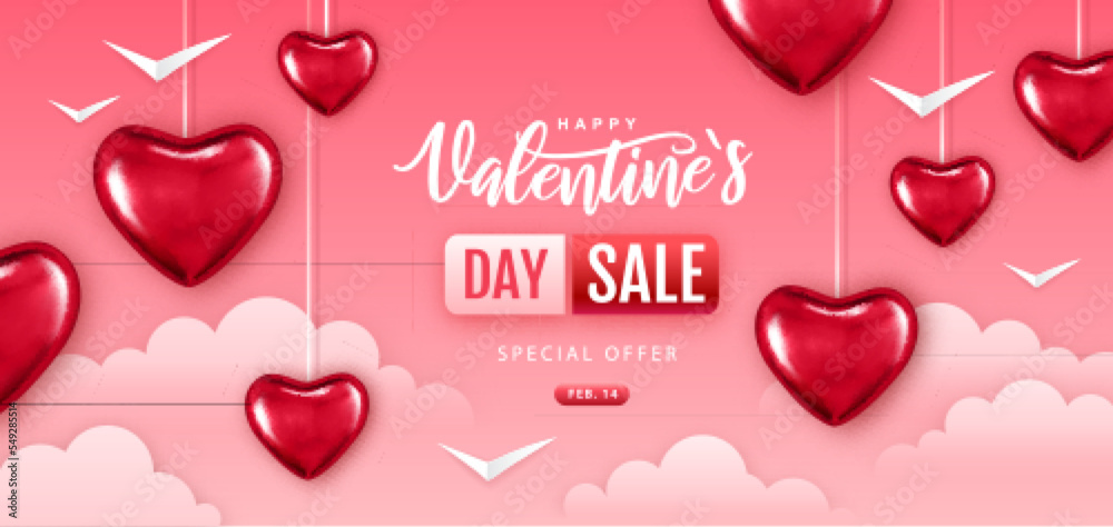 Happy Valentines Day big sale typography poster with pink hears and clouds. Vector illustration