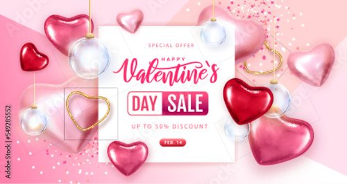 Fototapeta Naklejka Na Ścianę i Meble -  Happy Valentines Day big sale typography poster with pink and red hearts. Vector illustration
