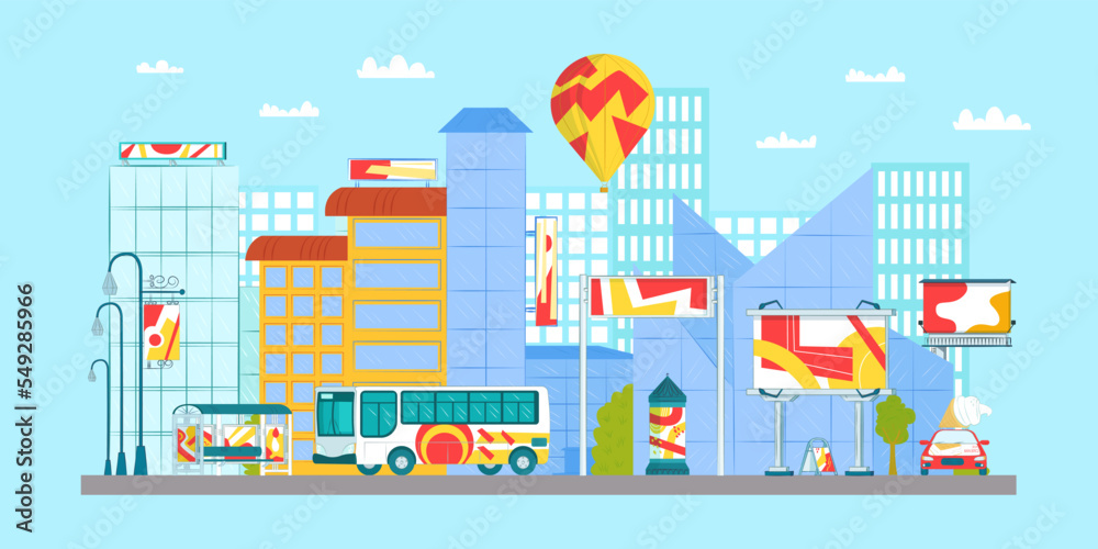Urban billboard banner at street, vector illustration. Blank commercial at outdoor city building, marketing business at cityscape.