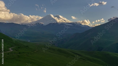 Mount Elbrus at sunset in Caucasus mountains