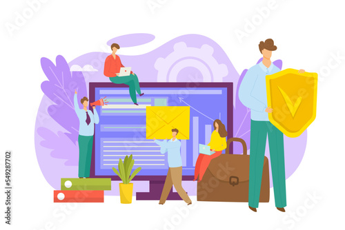 Crisis economy management for business company success concept, vector illustration. Businessman woman people character work with big computer