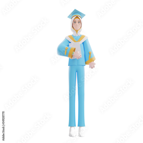 cartoon graduation young woman holding certificate and cap hat 3d illustration