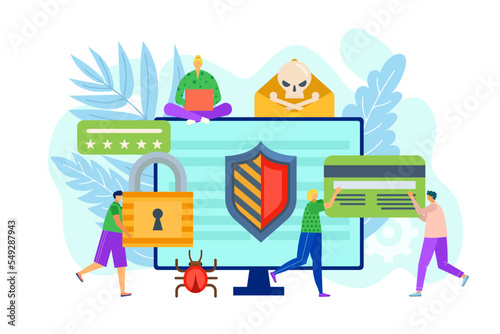 Computer security against virus, data protection technology, vector illustration. Cyber safety in internet concept, web information safety
