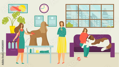 Pet dog grooming, vector illustration. Care about cartoon cute domestic animal in salon, woman groomer character cut dog's hair with scissors