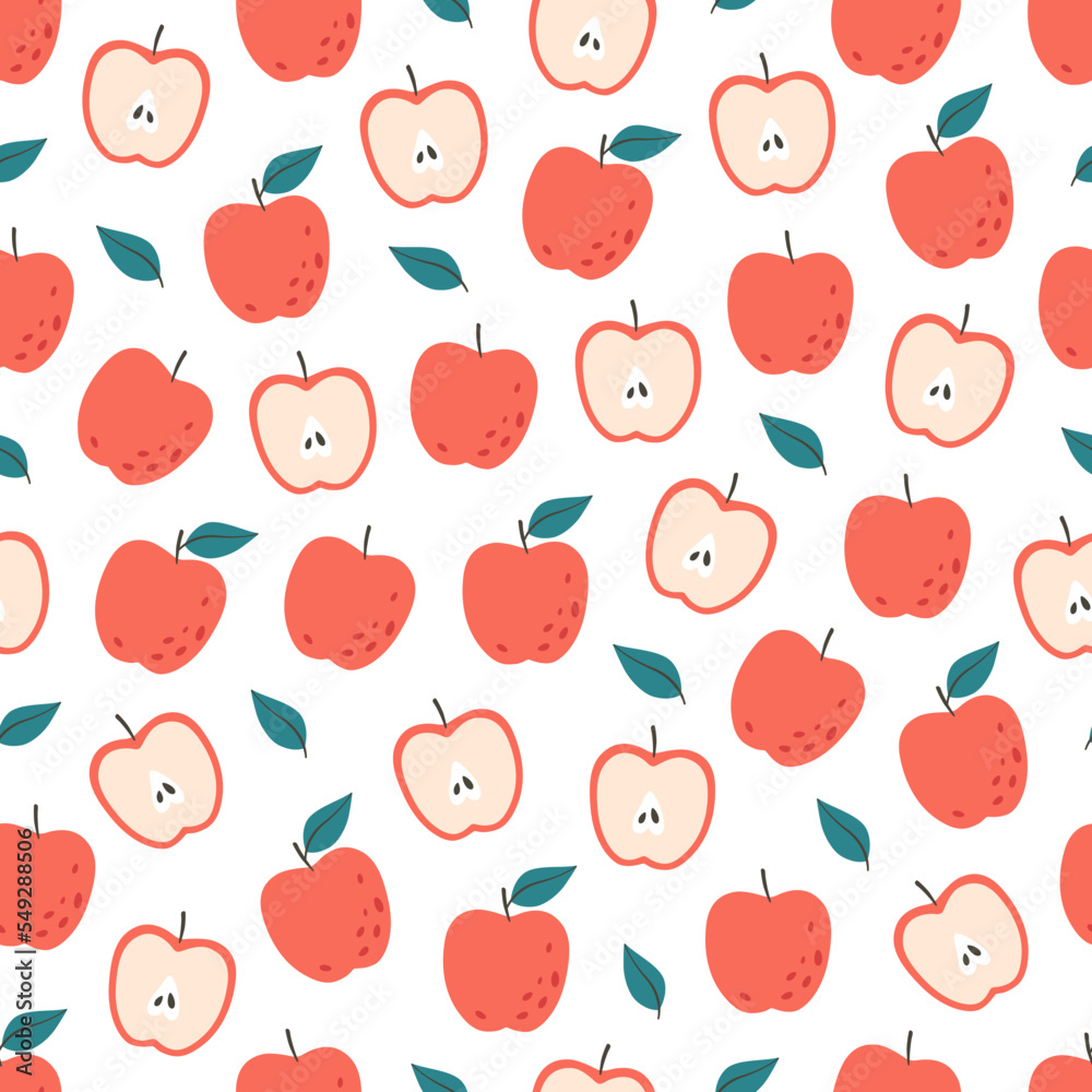Fresh apples seamless pattern. Healthy and organic food. Flat, hand drawn texture for wallpaper, textile, fabric, paper. Hand drawn vector illustration Fresh apples seamless pattern. Healthy and organic food. Flat, hand drawn texture for wallpaper, textile, fabric, paper. Hand drawn vector illustration